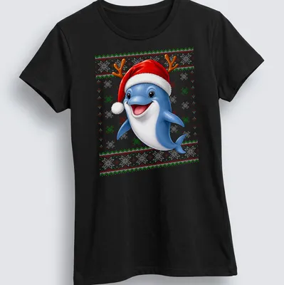 Cartoon dolphin in a festive sweater on a Christmas — printed on a women's shirt