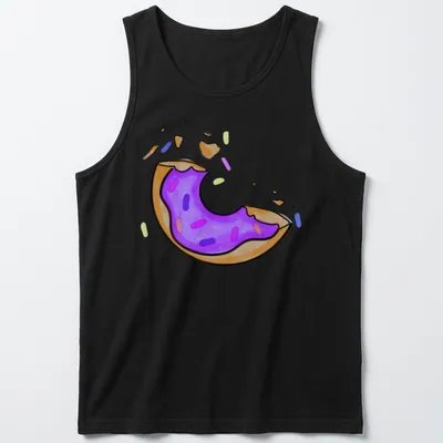 Kawaii line-art donut with purple icing and sprinkles, labeled 'One Bite Left' — printed on a tank top