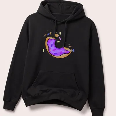 Kawaii line-art donut with purple icing and sprinkles, labeled 'One Bite Left' — printed on a unisex hoodie
