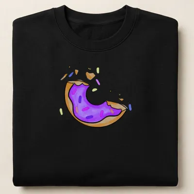 Kawaii line-art donut with purple icing and sprinkles, labeled 'One Bite Left' — printed on a unisex sweatshirt