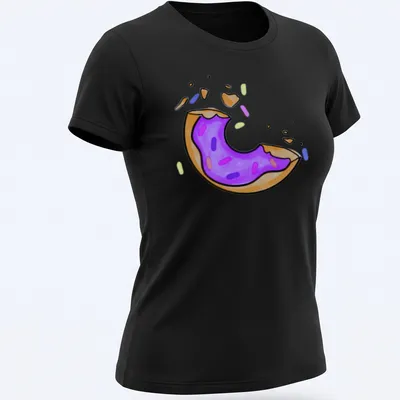 Kawaii line-art donut with purple icing and sprinkles, labeled 'One Bite Left' — printed on a women's shirt