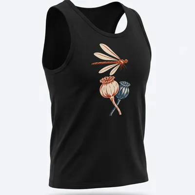 Vintage illustration of a dragonfly above poppy seedpods in red, cream, and blue. — printed on a tank top