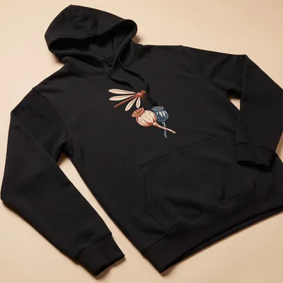 Vintage illustration of a dragonfly above poppy seedpods in red, cream, and blue. — printed on a unisex hoodie