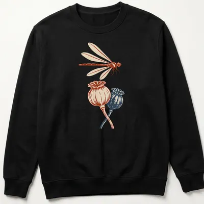 Vintage illustration of a dragonfly above poppy seedpods in red, cream, and blue. — printed on a unisex sweatshirt