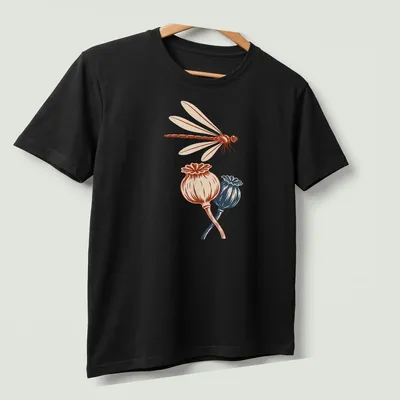 Vintage illustration of a dragonfly above poppy seedpods in red, cream, and blue. — printed on a unisex t-shirt (angled view)