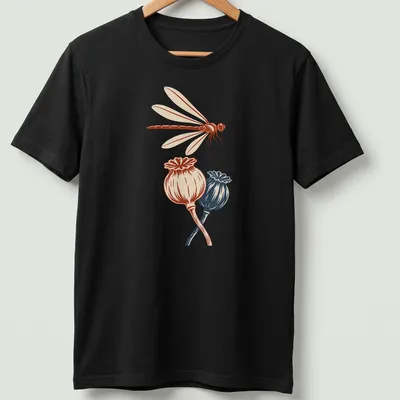 Vintage illustration of a dragonfly above poppy seedpods in red, cream, and blue.