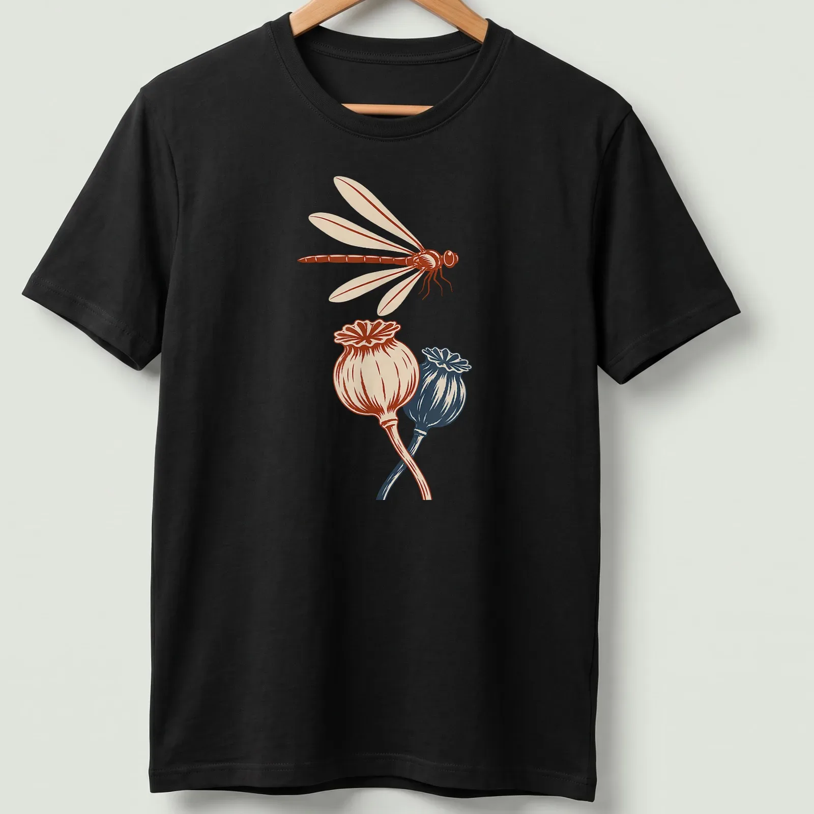 Vintage illustration of a dragonfly above poppy seedpods in red, cream, and blue. — printed on a unisex t-shirt