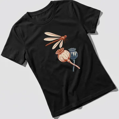 Vintage illustration of a dragonfly above poppy seedpods in red, cream, and blue. — printed on a women's shirt