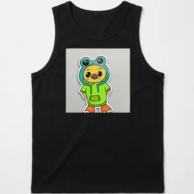 Kawaii Ducky Frog in green hoodie, colorful cartoon design for kids — printed on a tank top