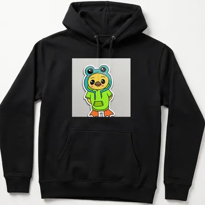 Kawaii Ducky Frog in green hoodie, colorful cartoon design for kids — printed on a unisex hoodie