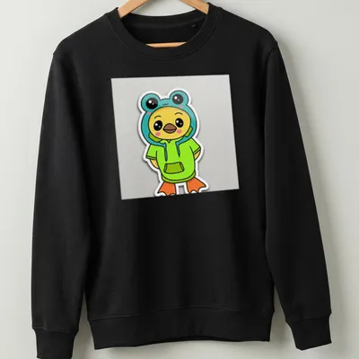 Kawaii Ducky Frog in green hoodie, colorful cartoon design for kids — printed on a unisex sweatshirt
