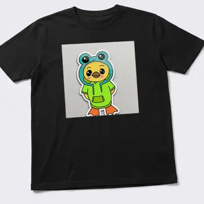 Kawaii Ducky Frog in green hoodie, colorful cartoon design for kids