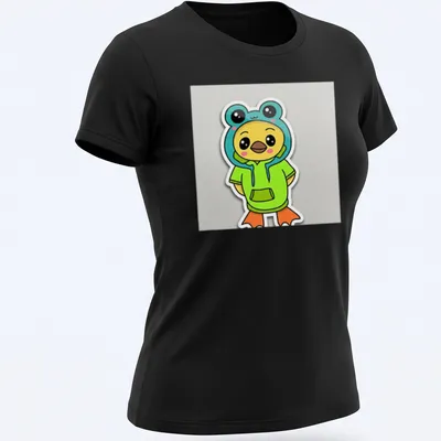 Kawaii Ducky Frog in green hoodie, colorful cartoon design for kids — printed on a women's shirt