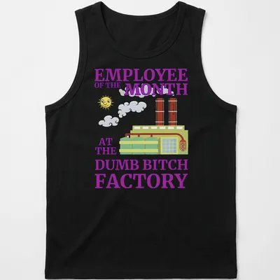 Playful cartoon of a factory with smokestacks and sun, featuring humorous text. — printed on a tank top