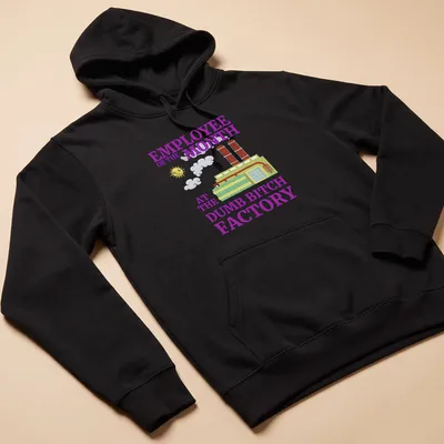 Playful cartoon of a factory with smokestacks and sun, featuring humorous text. — printed on a unisex hoodie