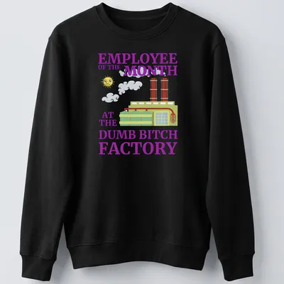 Playful cartoon of a factory with smokestacks and sun, featuring humorous text. — printed on a unisex sweatshirt