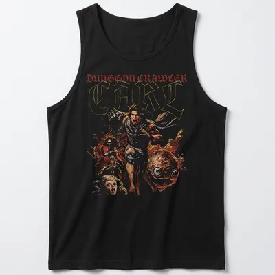 Comic art style T-shirt featuring Dungeon Crawler Carl with colorful details — printed on a tank top