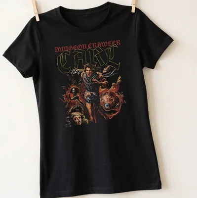 Comic art style T-shirt featuring Dungeon Crawler Carl with colorful details — printed on a women's shirt