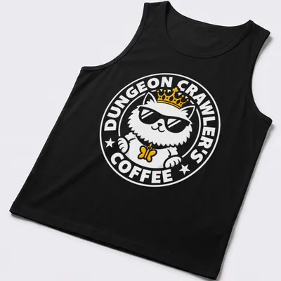Bold design of a crowned cat wearing sunglasses with coffee-themed text — printed on a tank top