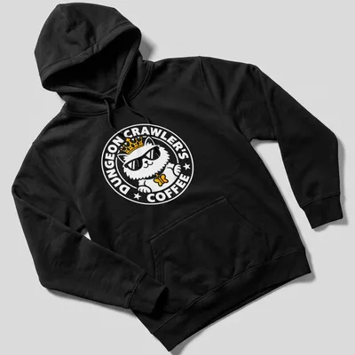 Bold design of a crowned cat wearing sunglasses with coffee-themed text — printed on a unisex hoodie