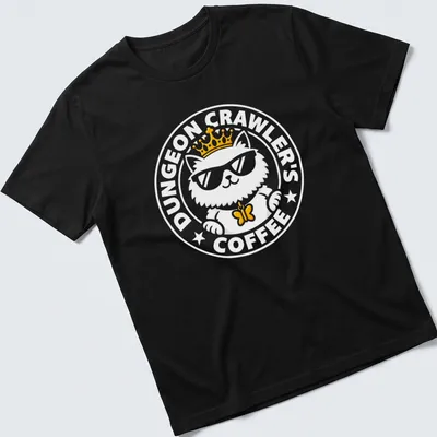 Bold design of a crowned cat wearing sunglasses with coffee-themed text