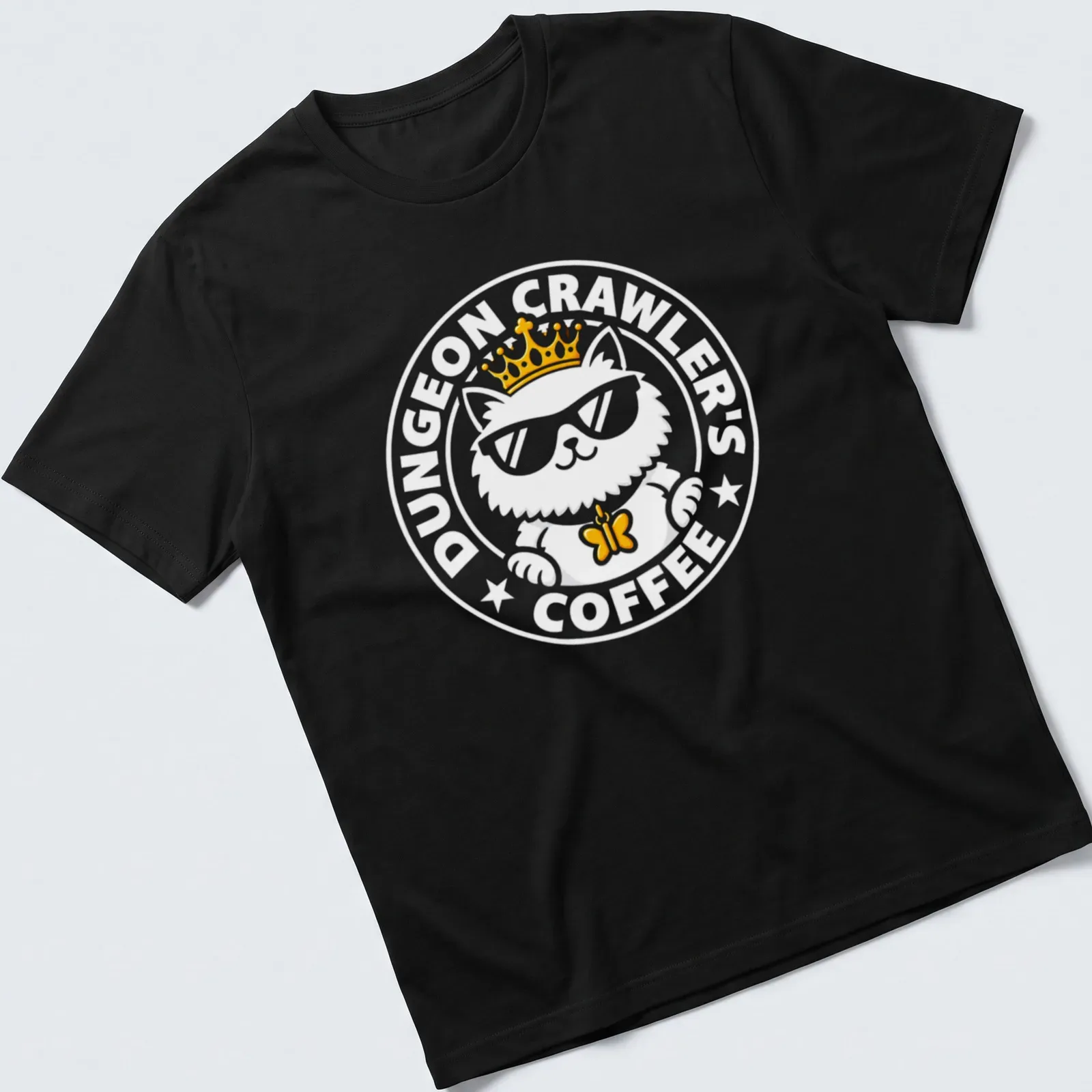 Bold design of a crowned cat wearing sunglasses with coffee-themed text — printed on a unisex t-shirt