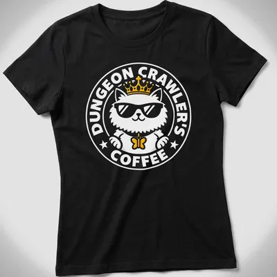 Bold design of a crowned cat wearing sunglasses with coffee-themed text — printed on a women's shirt