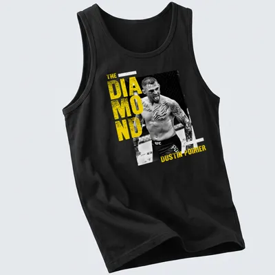 Bold graphic tee featuring The Diamond Dustin Poirier in yellow, black, and white — printed on a tank top