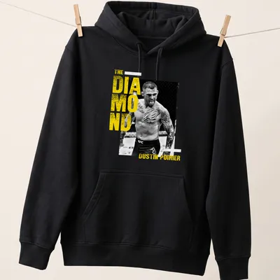 Bold graphic tee featuring The Diamond Dustin Poirier in yellow, black, and white — printed on a unisex hoodie