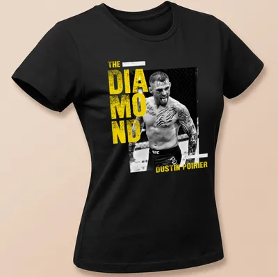 Bold graphic tee featuring The Diamond Dustin Poirier in yellow, black, and white — printed on a women's shirt