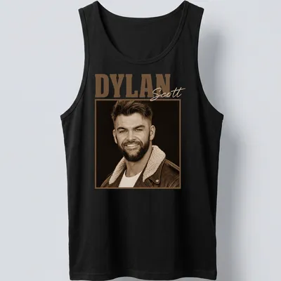Sepia tone t-shirt with vintage design featuring Dylan Scott's name — printed on a tank top