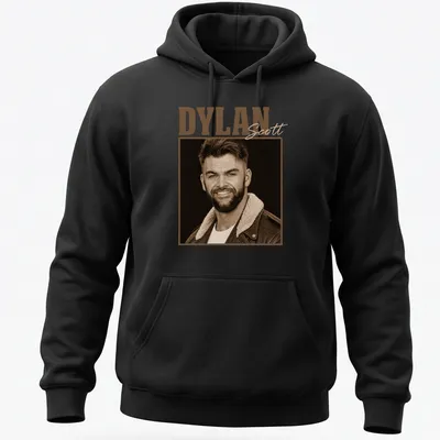 Sepia tone t-shirt with vintage design featuring Dylan Scott's name — printed on a unisex hoodie