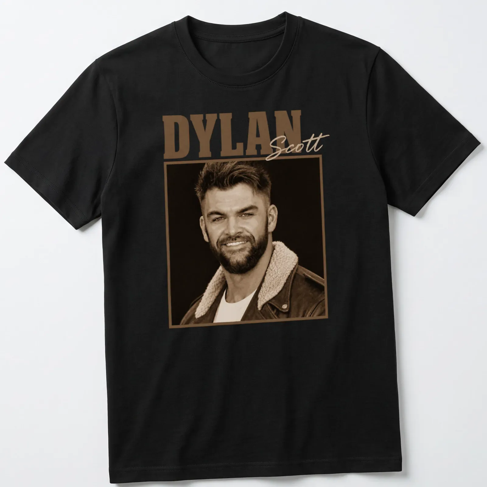 Sepia tone t-shirt with vintage design featuring Dylan Scott's name — printed on a unisex t-shirt