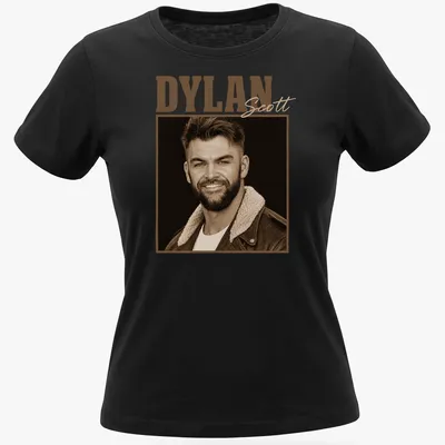 Sepia tone t-shirt with vintage design featuring Dylan Scott's name — printed on a women's shirt