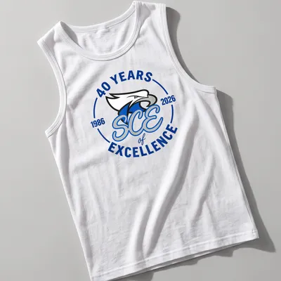 Bold printed Eagle T-shirt celebrating 40 years of excellence in blue, white, and gray — printed on a tank top