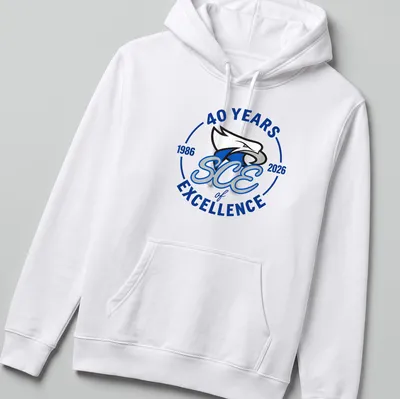 Bold printed Eagle T-shirt celebrating 40 years of excellence in blue, white, and gray — printed on a unisex hoodie