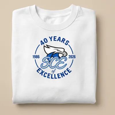 Bold printed Eagle T-shirt celebrating 40 years of excellence in blue, white, and gray — printed on a unisex sweatshirt