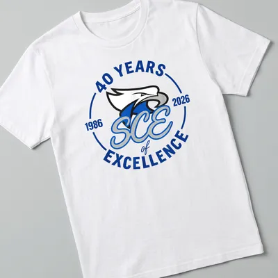 Bold printed Eagle T-shirt celebrating 40 years of excellence in blue, white, and gray