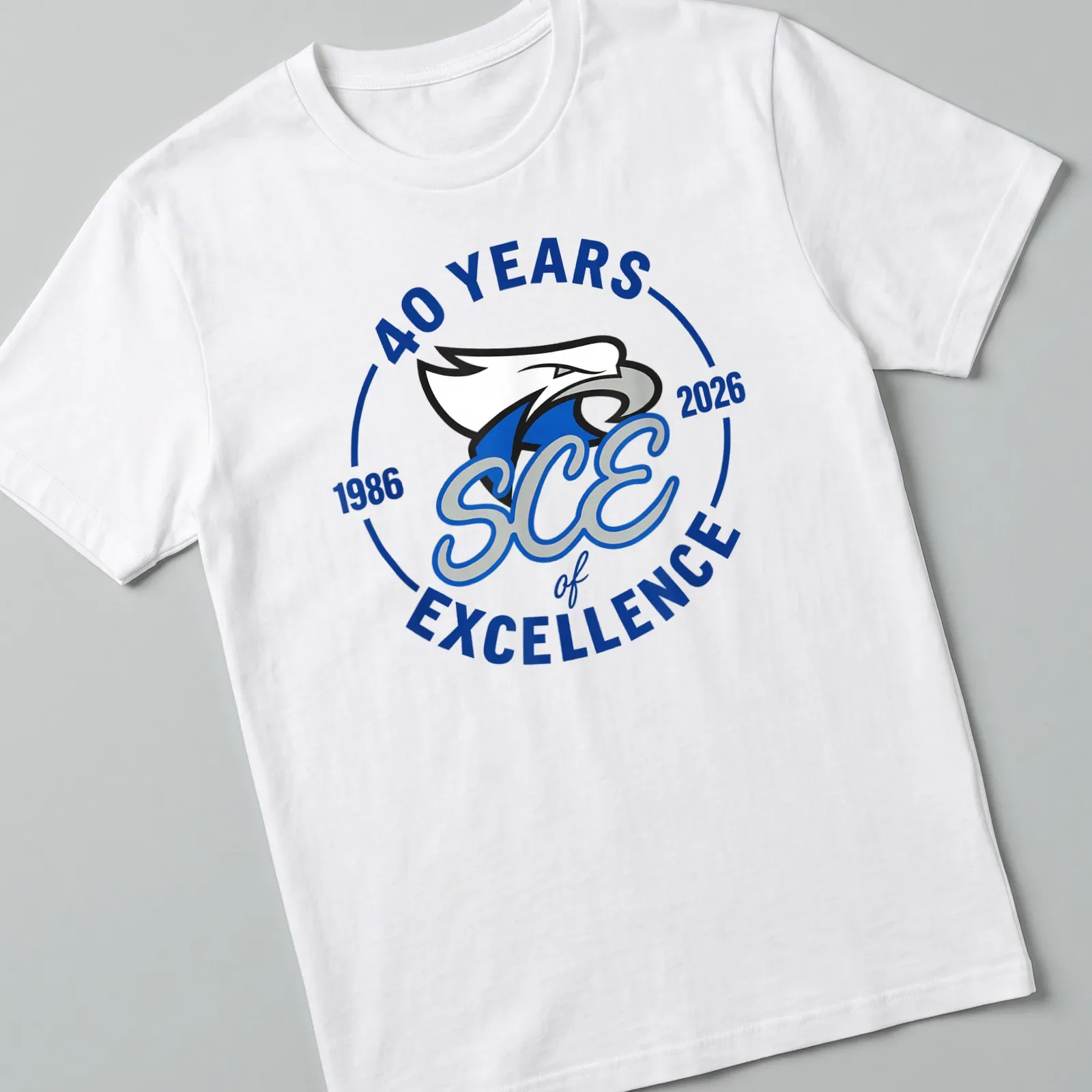 Bold printed Eagle T-shirt celebrating 40 years of excellence in blue, white, and gray — printed on a unisex t-shirt
