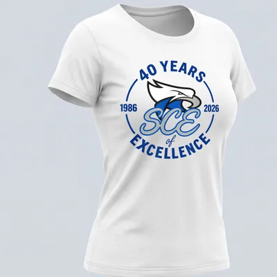Bold printed Eagle T-shirt celebrating 40 years of excellence in blue, white, and gray — printed on a women's shirt