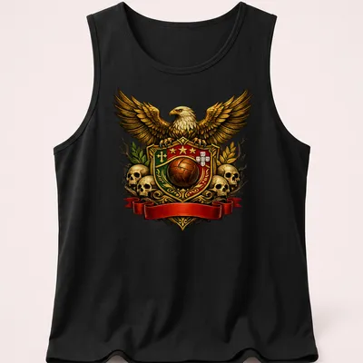 Detailed emblem of an eagle with text Heritage Of Pride And Passion in rich colors — printed on a tank top