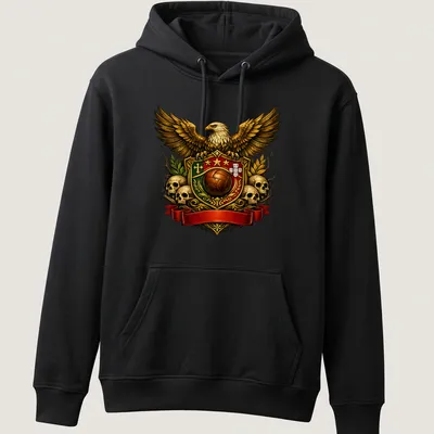 Detailed emblem of an eagle with text Heritage Of Pride And Passion in rich colors — printed on a unisex hoodie