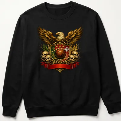 Detailed emblem of an eagle with text Heritage Of Pride And Passion in rich colors — printed on a unisex sweatshirt