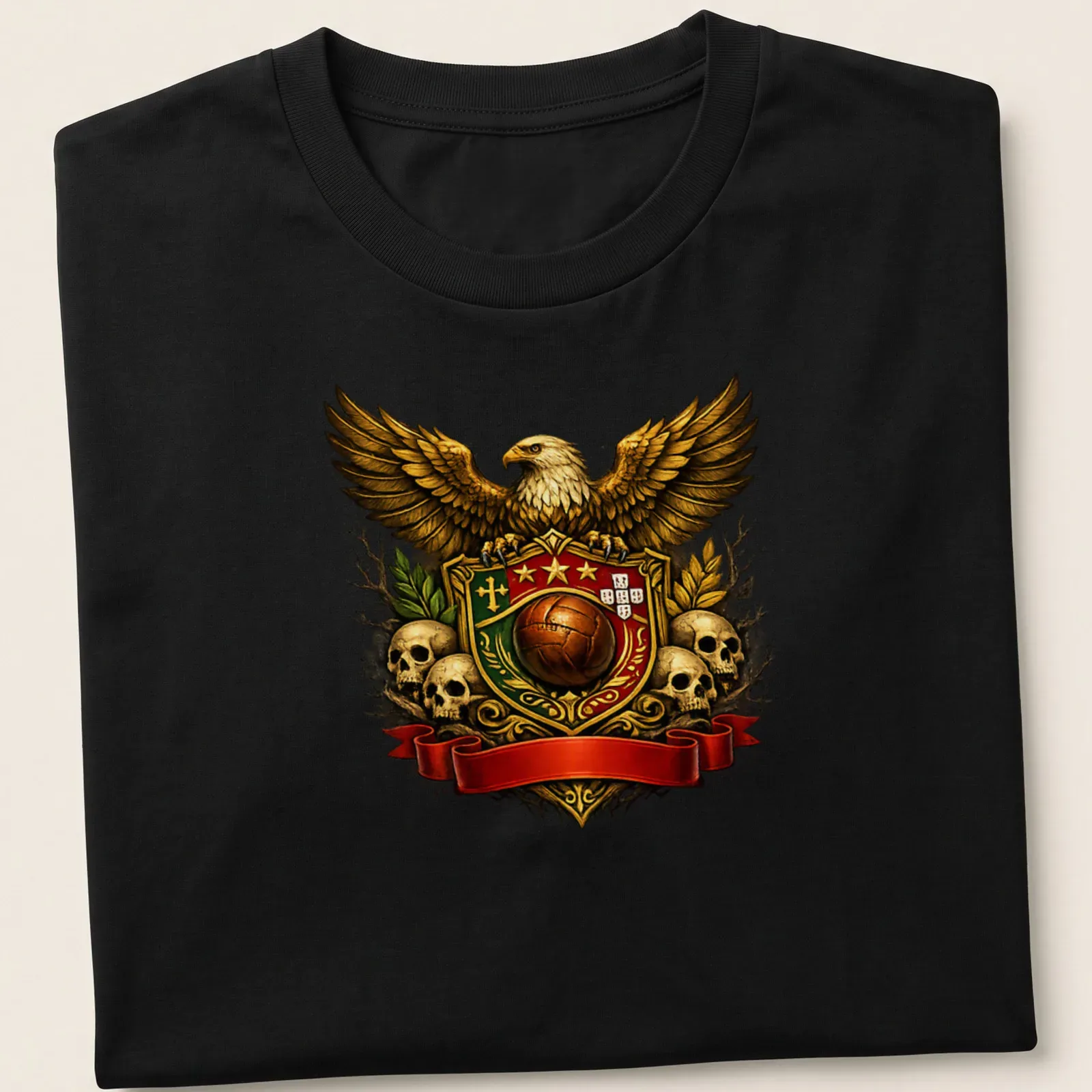 Detailed emblem of an eagle with text Heritage Of Pride And Passion in rich colors — printed on a unisex t-shirt