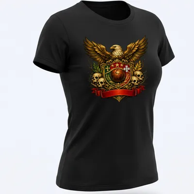 Detailed emblem of an eagle with text Heritage Of Pride And Passion in rich colors — printed on a women's shirt