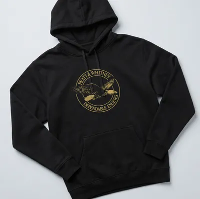 Gold eagle emblem with Pratt & Whitney Dependable Engines text — printed on a unisex hoodie