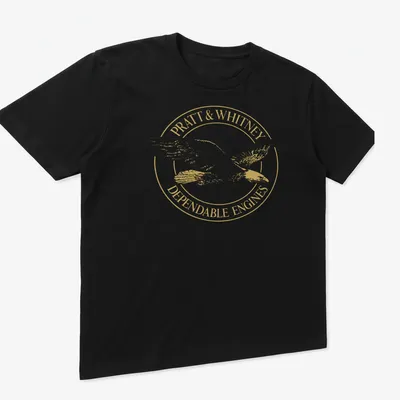 Gold eagle emblem with Pratt & Whitney Dependable Engines text — printed on a unisex t-shirt (angled view)