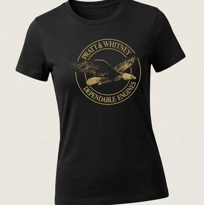 Gold eagle emblem with Pratt & Whitney Dependable Engines text — printed on a women's shirt