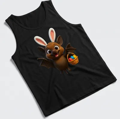 Kawaii cartoon bat holding colorful Easter eggs in a cheerful design — printed on a tank top