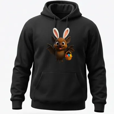 Kawaii cartoon bat holding colorful Easter eggs in a cheerful design — printed on a unisex hoodie